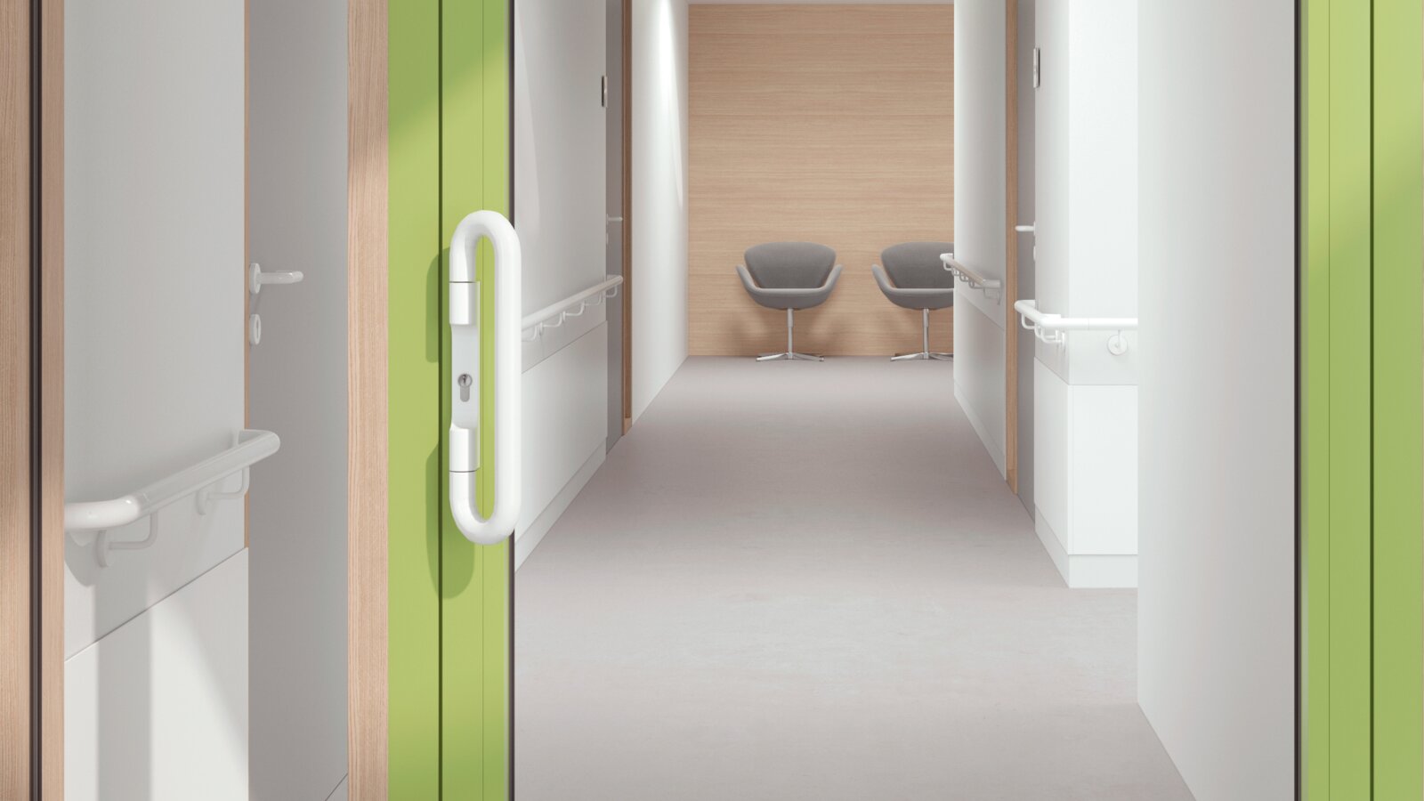 Glazed hospital door with green frame equipped with a lever handle in the colour signal white made of polyamide