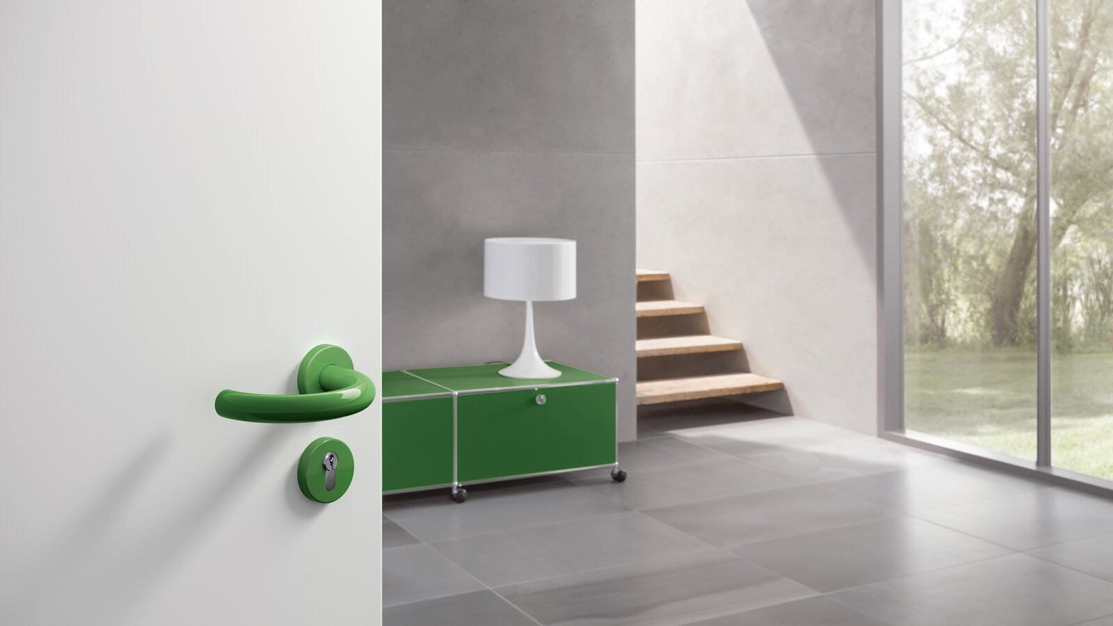 Lever handle with curved U-shape in the color may green made of polyamide