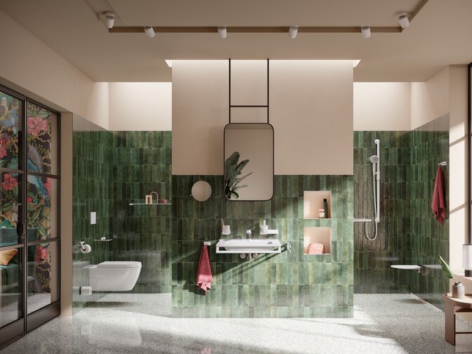 Bathroom with green tiles, WC area, shower area and washbasin, equipped with white sanitary accessories