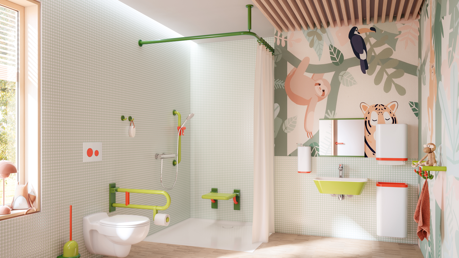 Kindergarten bathroom with colourful sanitary equipment