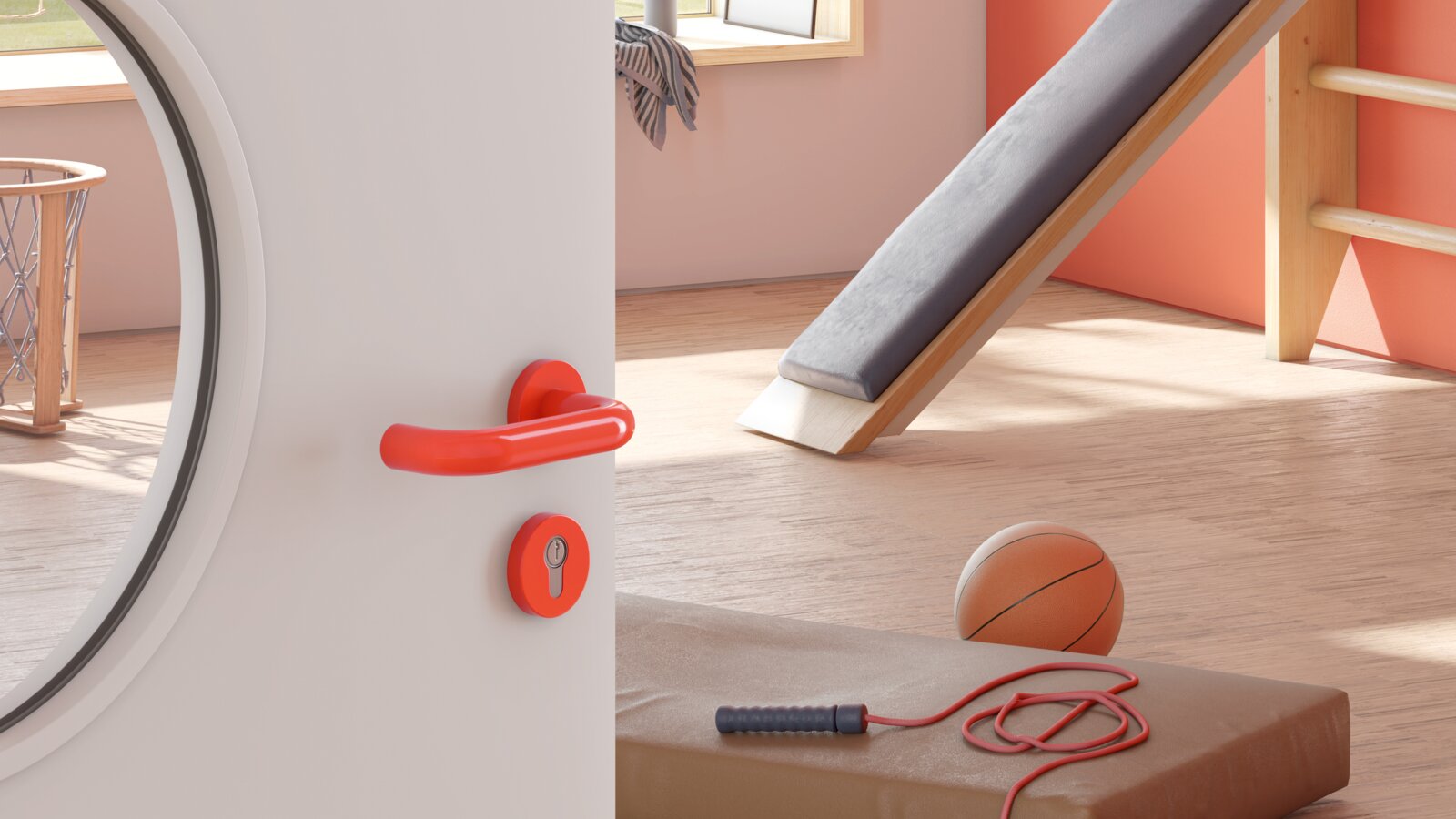 Door to a sports room of a kindergarten equipped with a lever handle in the color orange made of polyamide