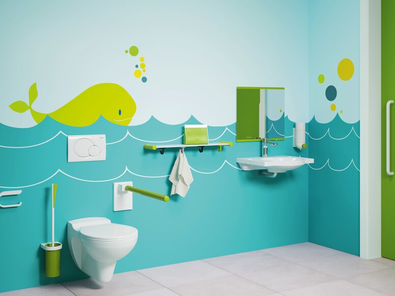 Salle de bain accessible aux enfants avec WC et lavabo en bleu-vert