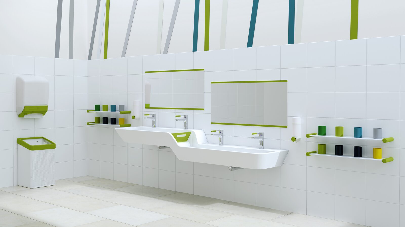 Child-friendly washbasin with green accents, washbasin with built-in height and depth graduation next to colorful toothbrush cup rails