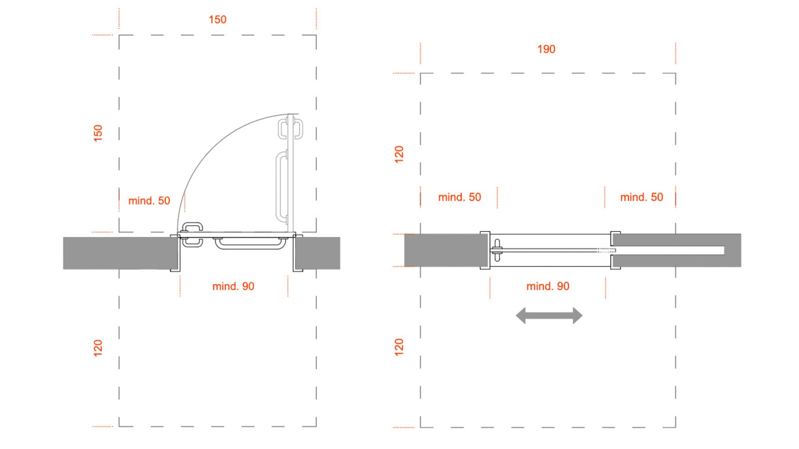 Dimensioned drawing with requirements for barrier-free doors, hinged doors on the left and sliding doors on the right