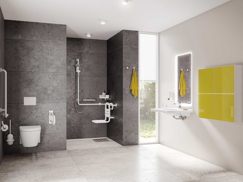 Barrier-free bathroom with washbasin, shower area and WC Series 477/801