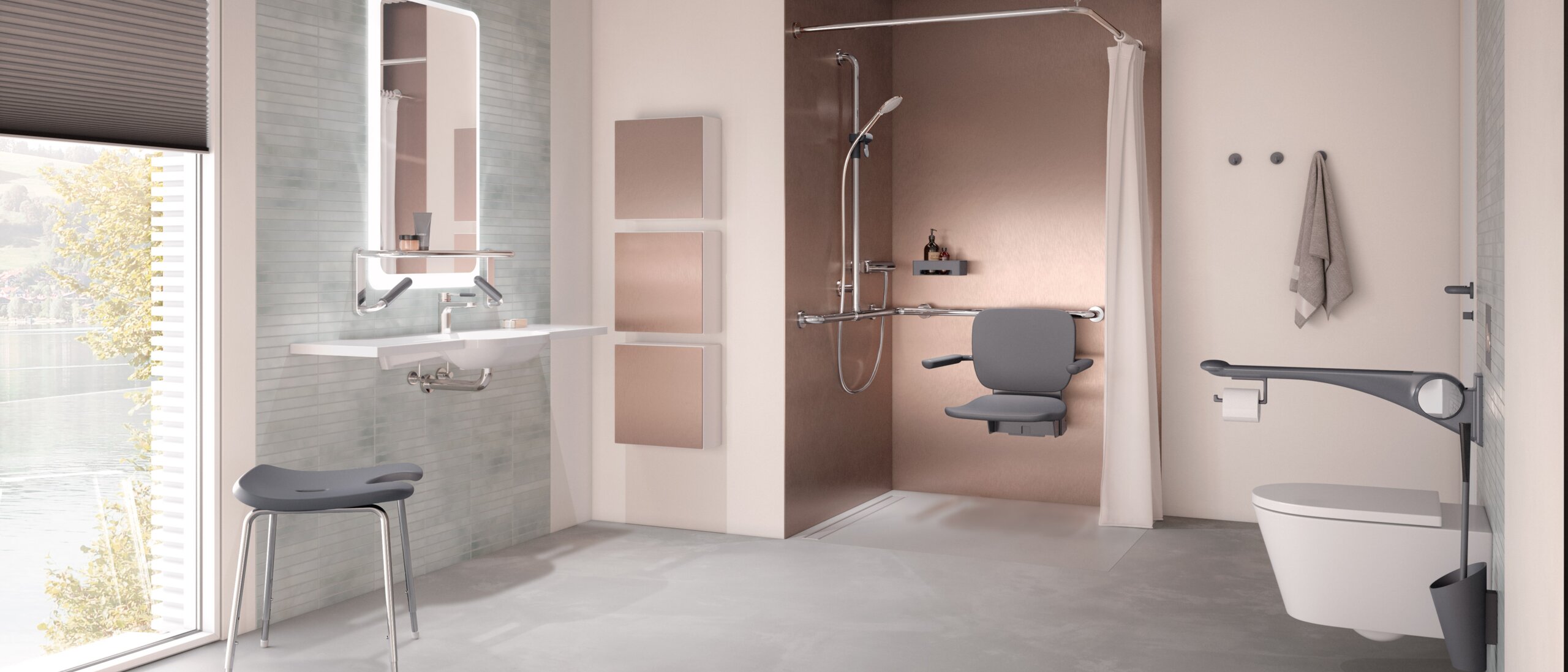 Barrier-free care bathroom with washbasin, shower area and WC