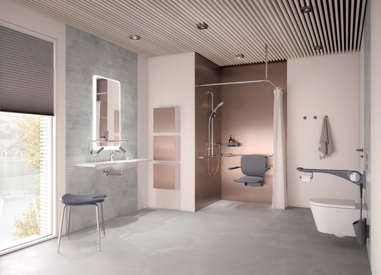 Salle de bain de soins sans barrière avec lavabo, espace douche et WC