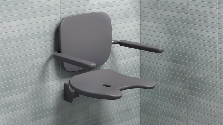 Shower seat with backrest and armrests in the color anthracite made of hard foam