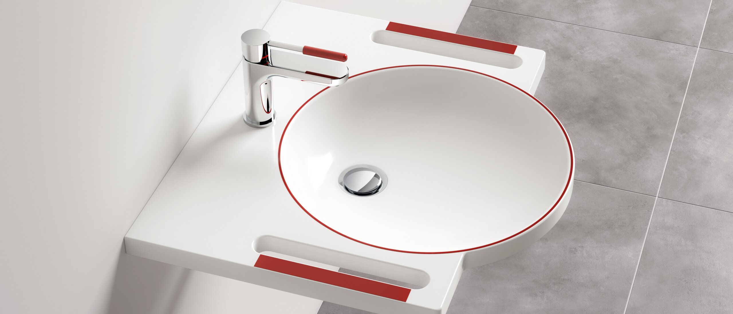 Lavabo et robinetterie avec couleurs contrastées rouges pour les personnes atteintes de démence