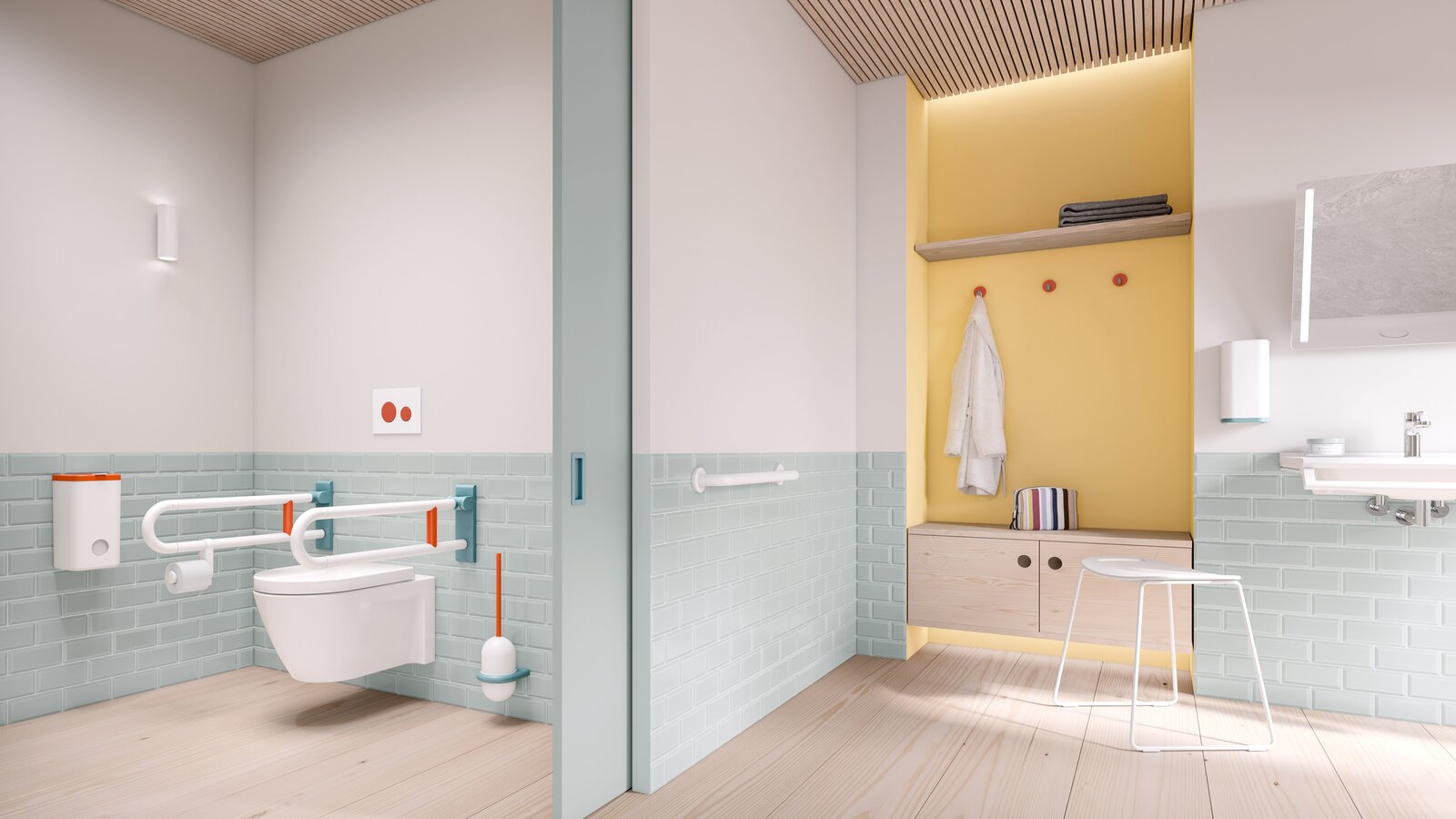 Salle de bain sans barrière équipée avec HEWI Série 477/801 dans les 3 couleurs ICONIC bleu aqua, corail et blanc