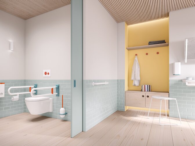 Salle de bain sans barrière équipée avec HEWI Série 477/801 dans les 3 couleurs ICONIC bleu aqua, corail et blanc