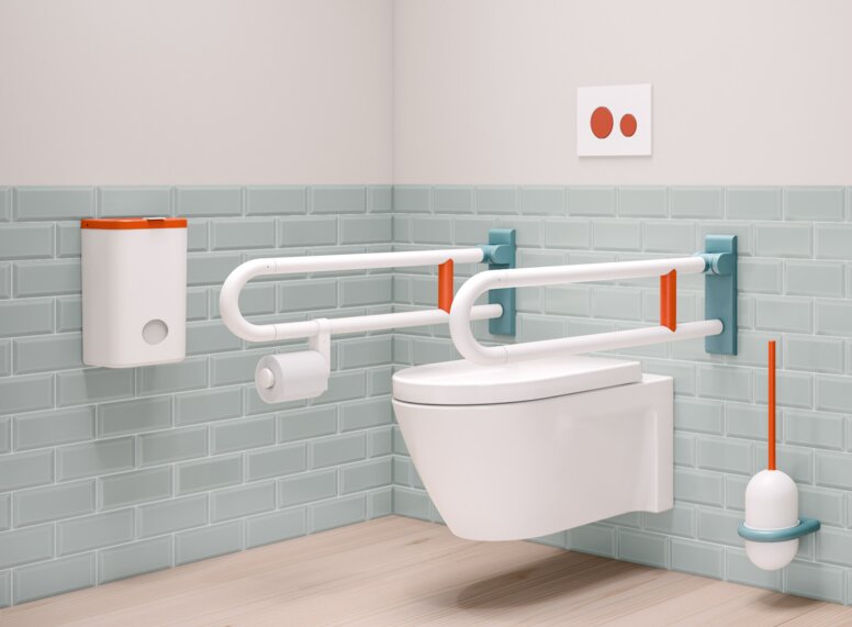 Barrier-free bathroom equipped with HEWI series 477/801 in the 3 ICONIC colours aqua blue, coral and white