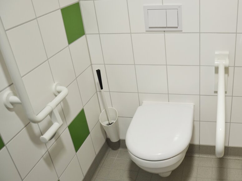 Salle de bain équipée d'un ensemble brosse WC, d'une poignée coudée et d'une barre d'appui rabattable