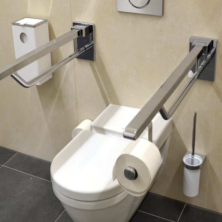 Toilet equipped with folding support handles, toilet brush set and System 800 hygiene waste bin