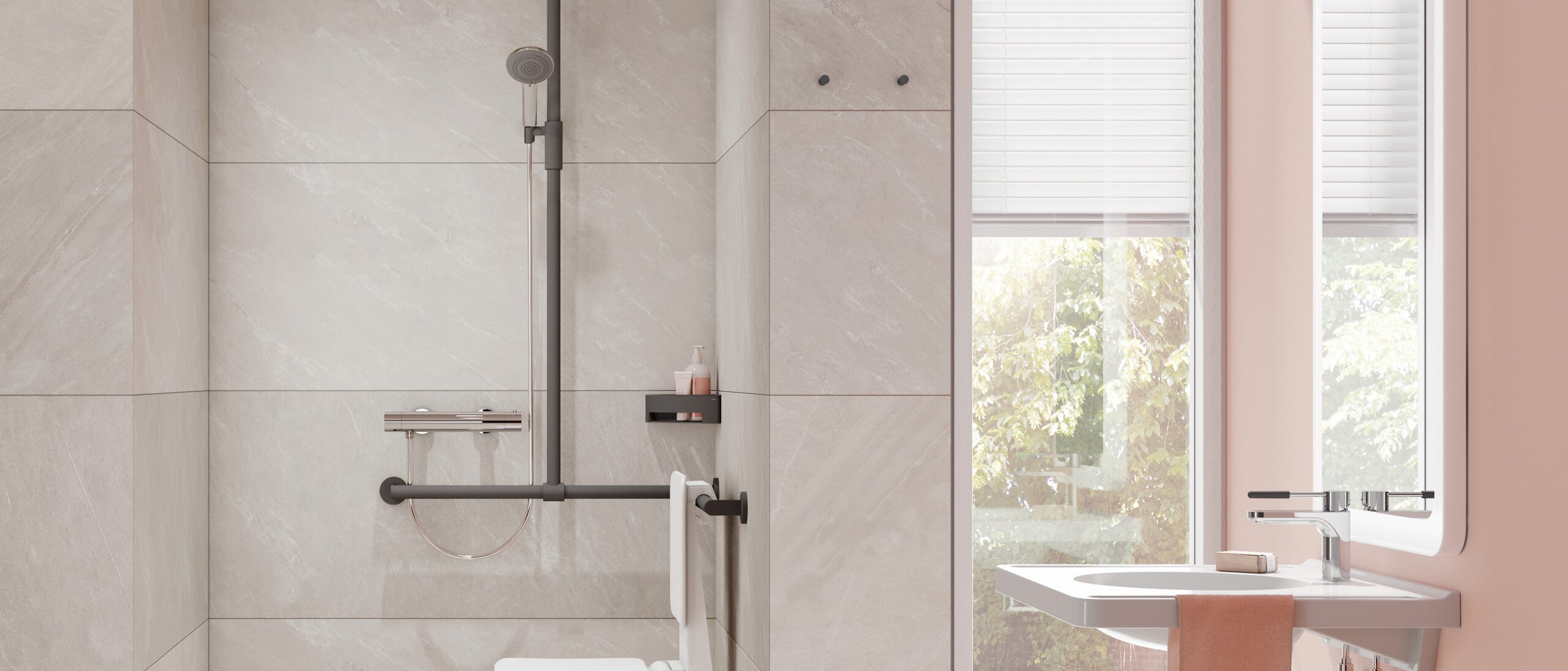 Shower area equipped with an infinitely adjustable magnetic shower holder